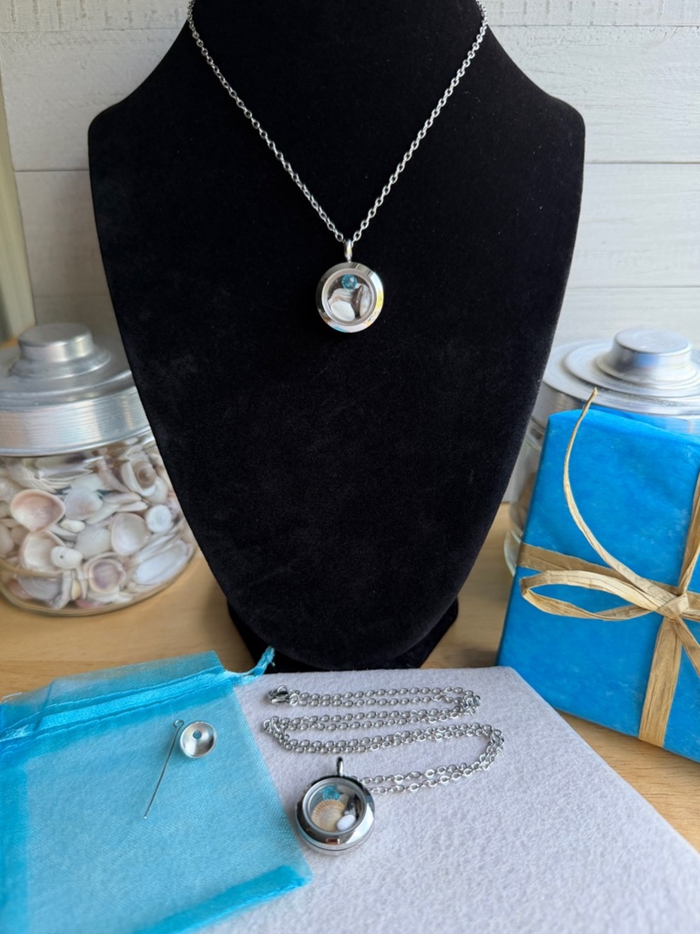 Silver Nautical Memory Locket w/Shells & Shark Tooth Stainless Steel 22”